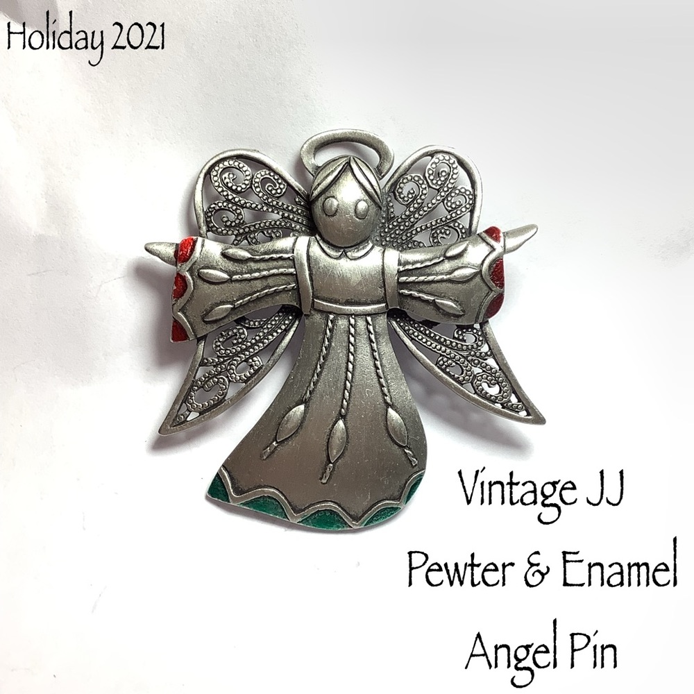 🆕Vintage JJ Pewter & Enamel Angel Pin
